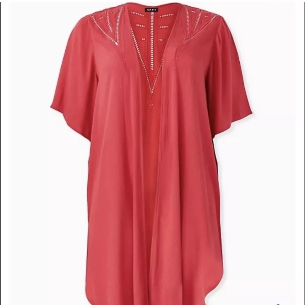 Torrid Red Crinkled Gauze Crochet Inset Longline Kimono Cardigan